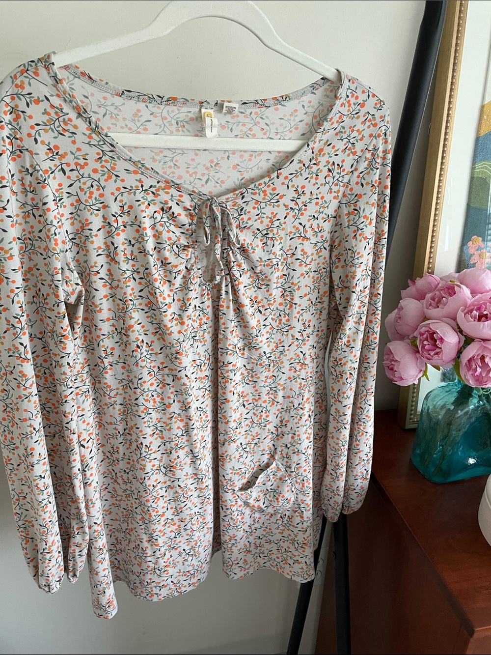 Floral Tie-Front Long Sleeve Top - Light Gray with Orange, Blue, & Green Print.